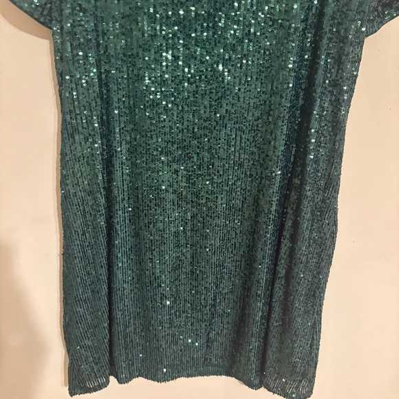 CeCe Emerald Green Sequin Godet Short Sleeve Shimmer Dress M - Picture 8 of 14
